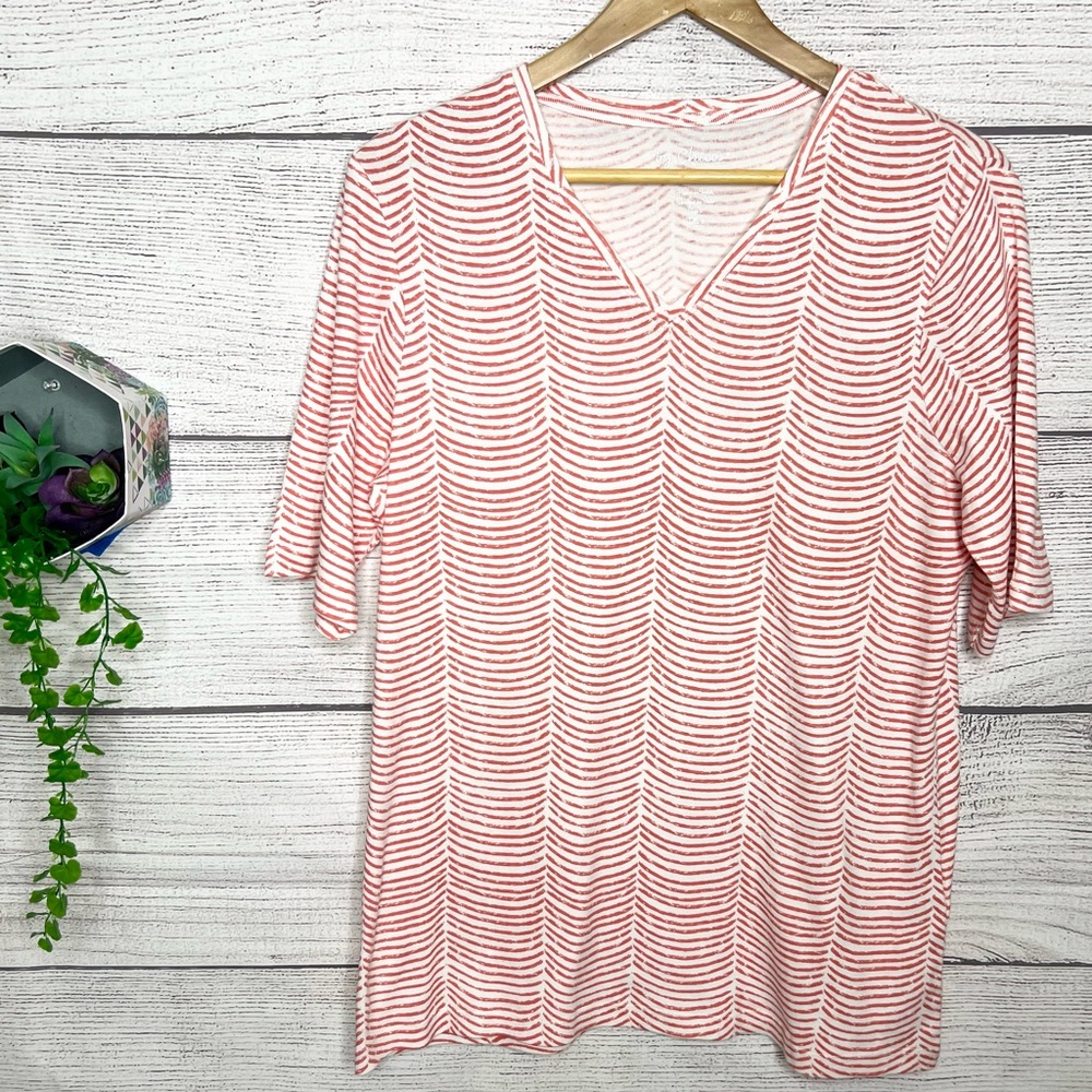NWT Chico's Red & White Stripe V-Neck Elbow Sleeve Faye T-Shirt Top Size Large